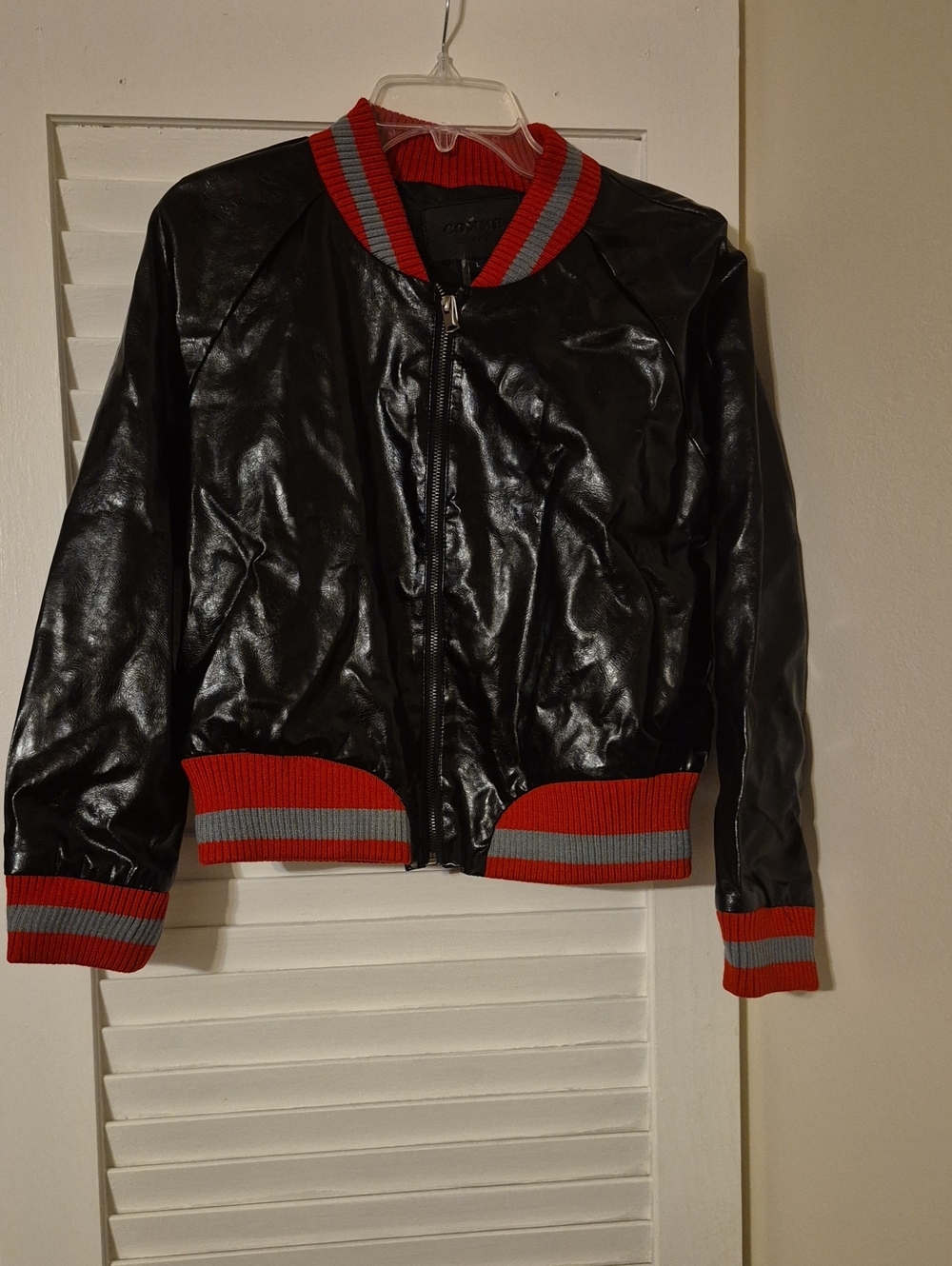 Kids Black Faux Leather Bomber Jacket with Red Trim